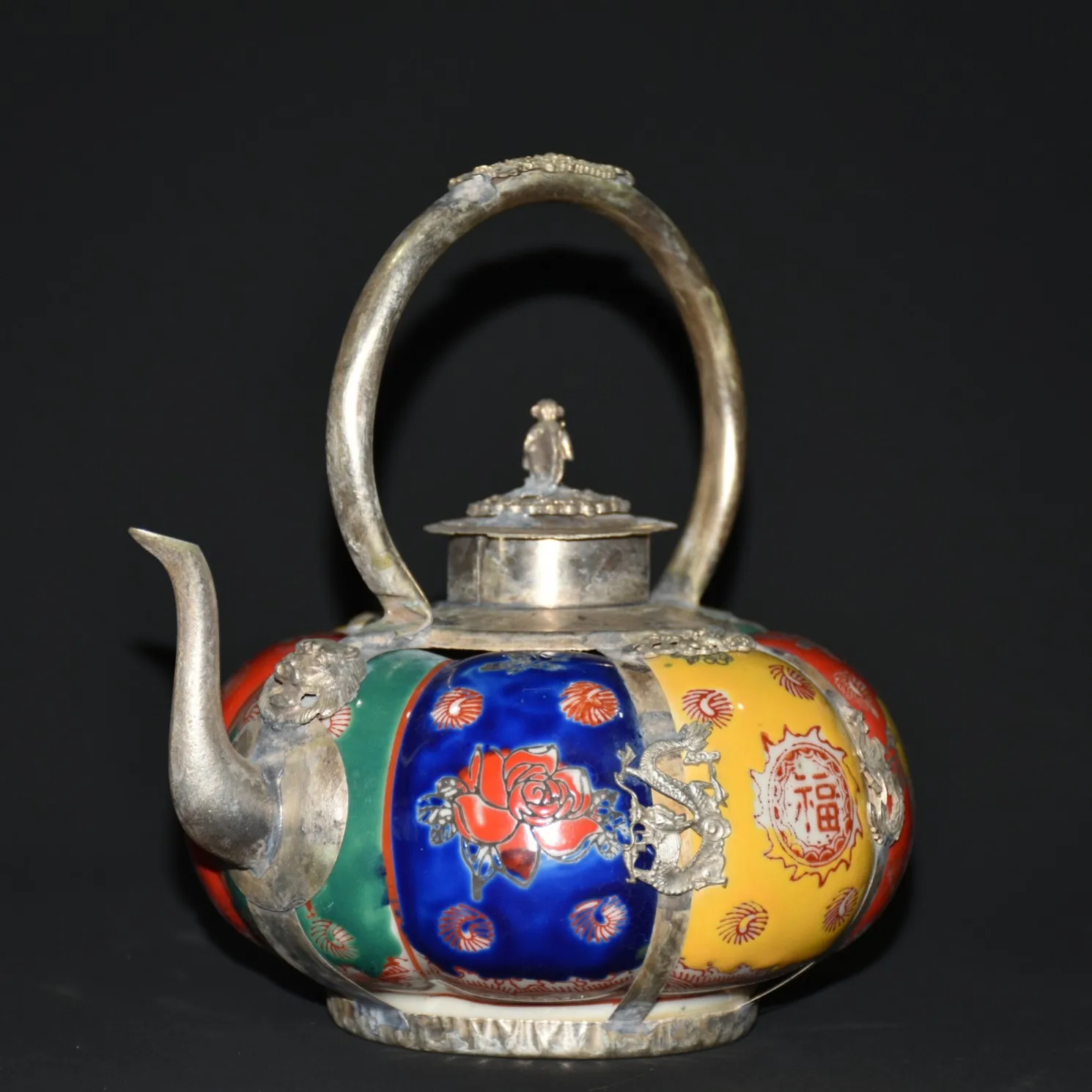 Collection Chinese Colorful Porcelain Copper Monkey Statue Teapot Flagon Ornaments