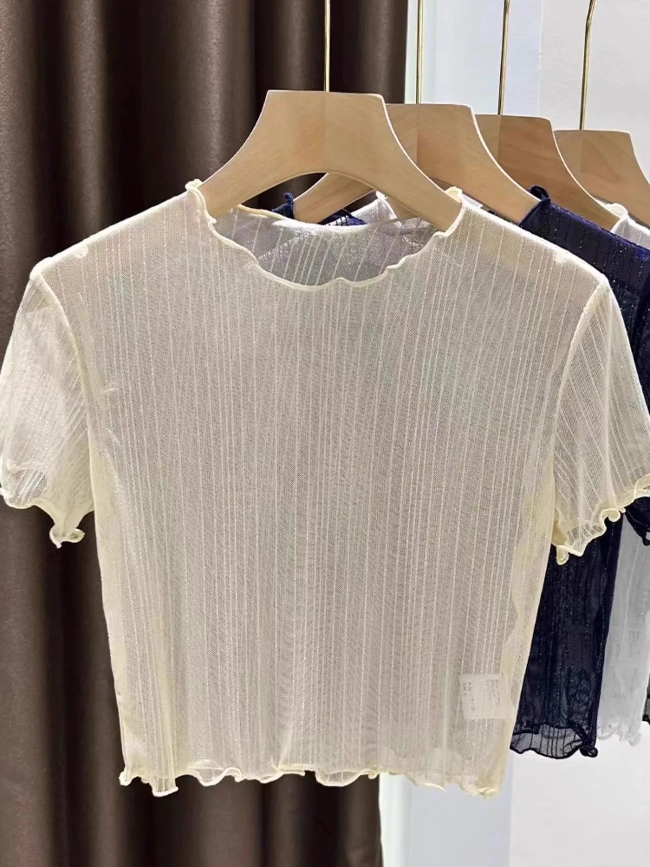 Csola de encaje para mujer, cseta sin mangas, csa básica de malla corta, tela fina, cuello ter, línea de patrón a...