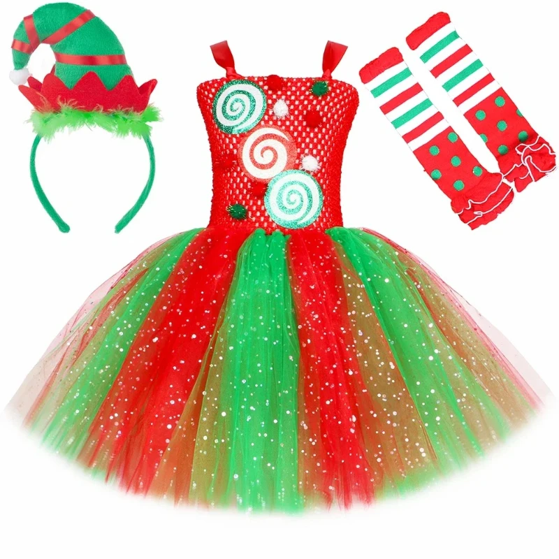 Red Green Christmas Costumes for Girls Xmas Party Tutu Dress with Bow Socks Kids New Year Carnival Outfits Child Holiday Clothes