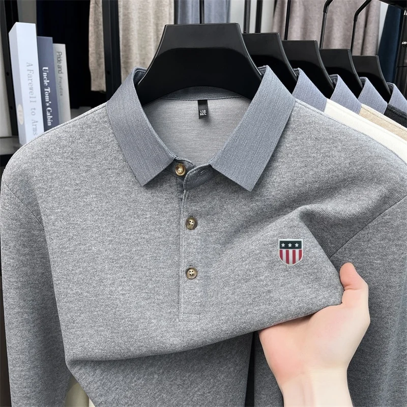 Designer Advanced Lapel Polo Shirt New Spring Autumn Solid Color Keep Warm Long Sleeve T-shirt Fashion Versatile Men's Clothing