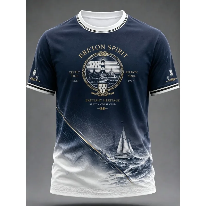 3D Print French Nautical Lighthouse Sailboat Graphic T-Shirt Unisex White Navy France Coastal Art Short Sleeve Casual Summer Top