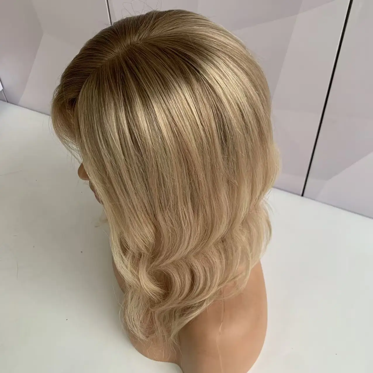 Silk Top Silicone Cap Medical Gluless Wig Blonde Highlight Color Replacement European Human Hair For Alopecia Or Cancer