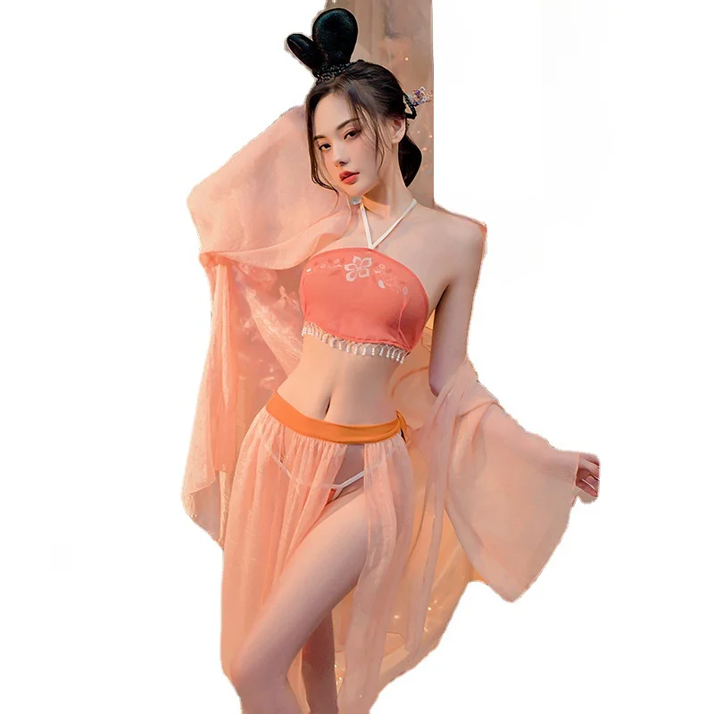 Chinese Classical Skirt Costumes Vintage Dancer Traditional Hanfu Sexy Lingerie Apron Thong Robe Suit Women's Erotic Underwear image 6