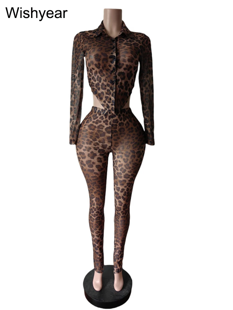 أزياء ليوبارد طباعة 2 قطعة السراويل مجموعة النساء ربيع الخريف طويلة الأكمام المحاصيل قمم سترة وسراويل قلم رصاص تمتد ليلة كلوبوير #4