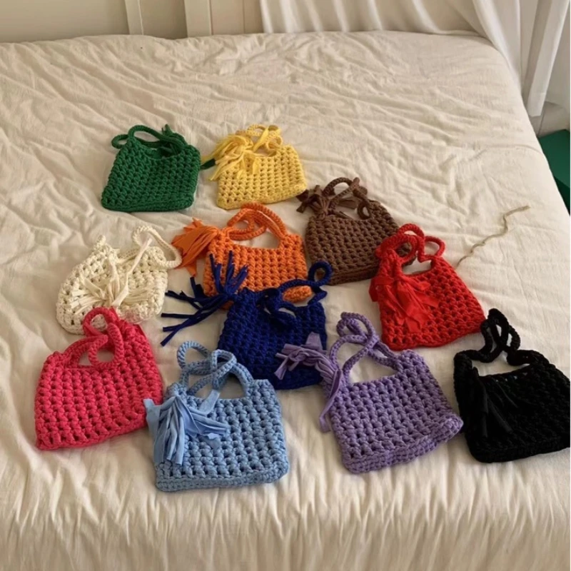 

2023 New Hollowed Out One Shoulder Female Bag Small Fresh Cloth Bag Handmade Finished Product Bag Pure Hand-Woven Bag