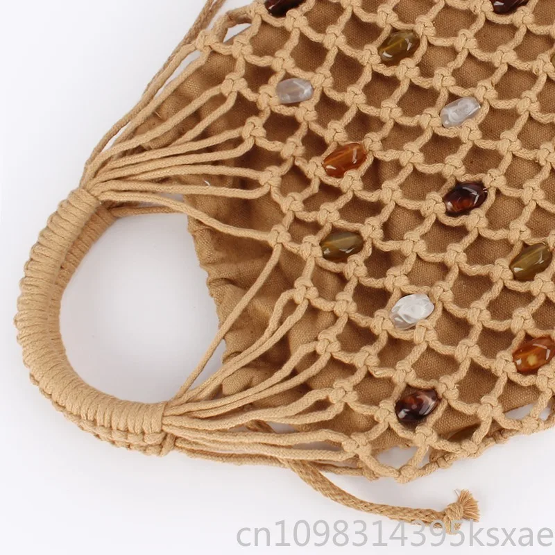 Women's Handmade Woven Hollow-Out Tote Bag with Tassel Fringe Beaded Detail Bohemian Summer Beach Daily