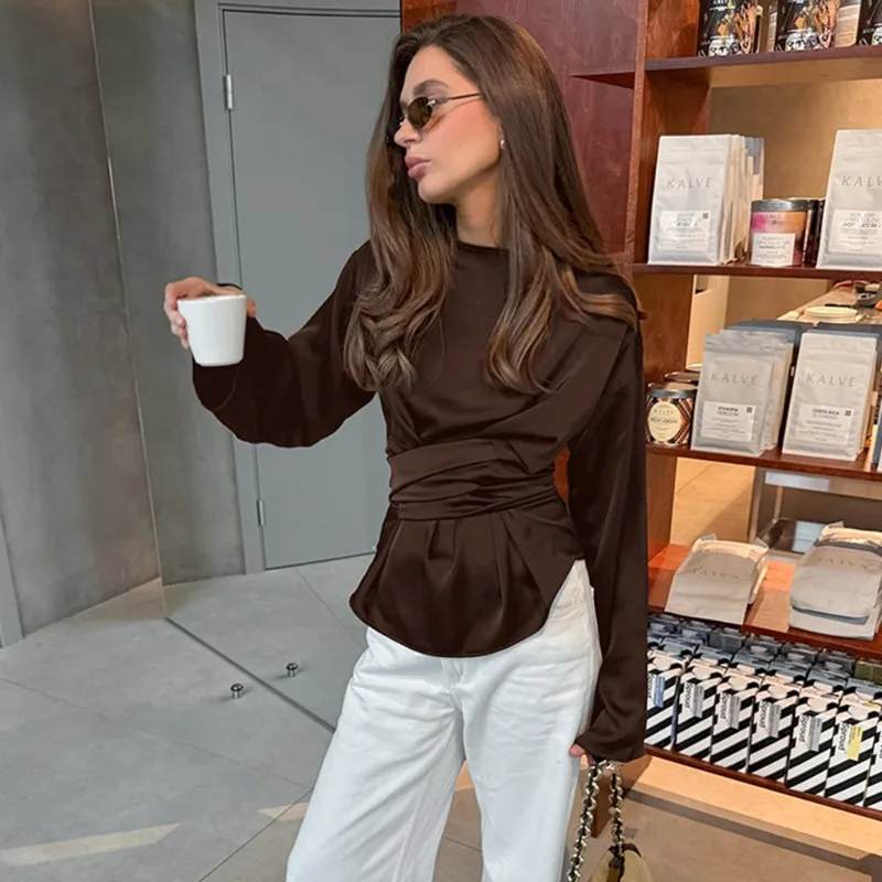 Talenza Casual Lace-Up Tops Damesmode Effen Geplooide Patchwork Lange Mouwen Blouse Nieuwe Commuter Streetwear Vrouwelijke T-shirts