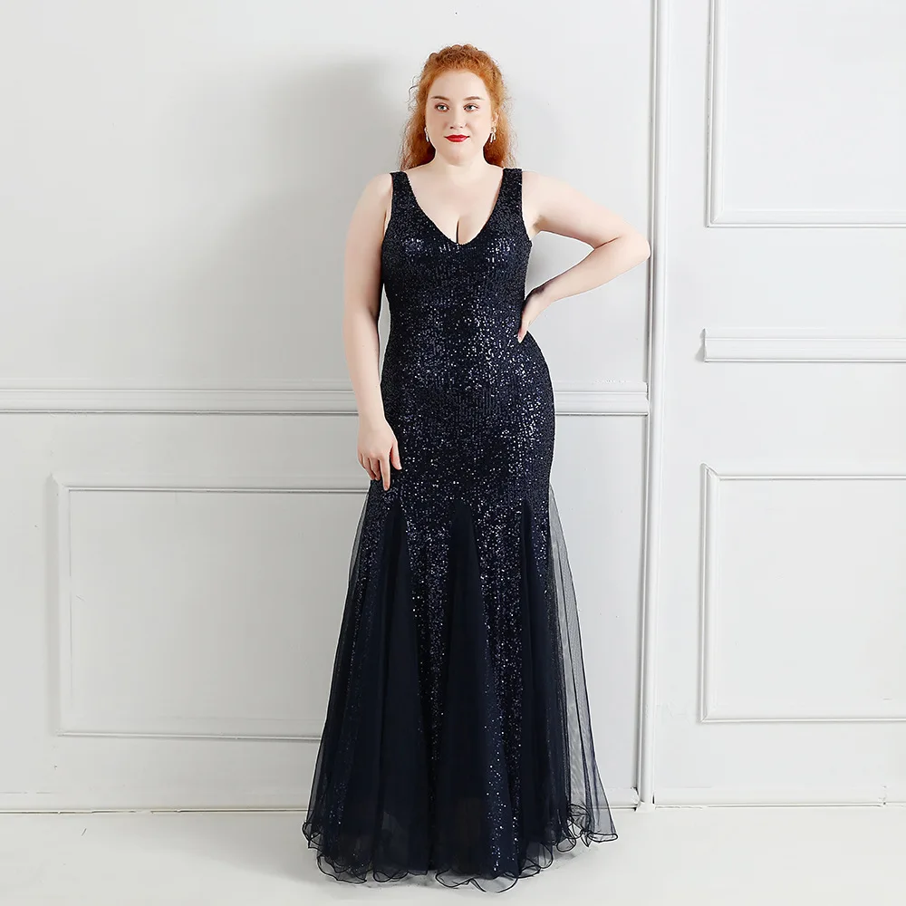 Plus Size Navy Blue Mermaid Evening Dress Elastic Sequined V Neck Floor Length Long Women Gowns For Wedding Party In Stock