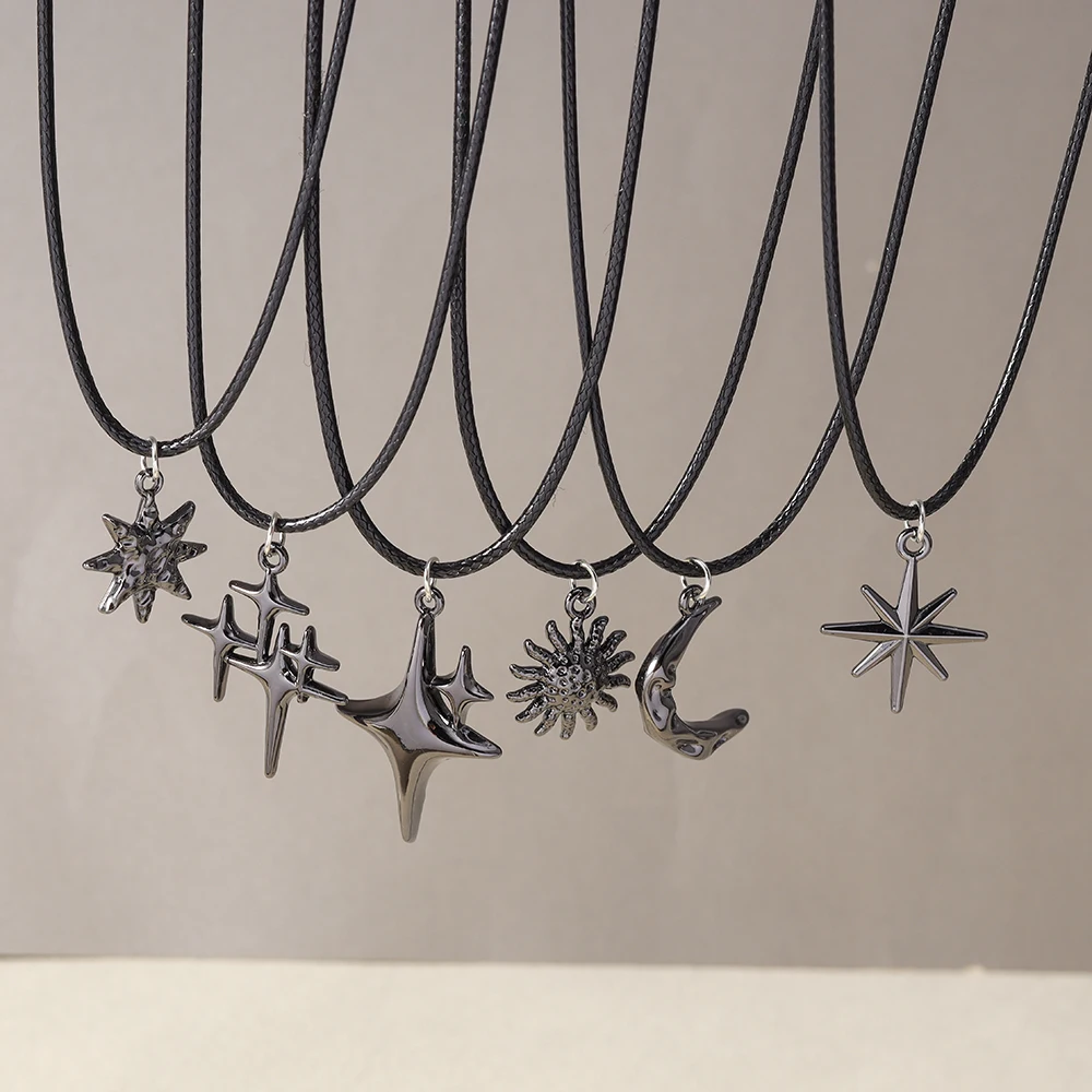 Aihua Hip-Hop Halskette mit Sonne-Mond-Stern-Anhänger in Gunmetal-Schwarz für Damen und Herren, Punk-Stil mit schwarzem Seilband, Y2K-Party-Schmuckgeschenke – Detail 2