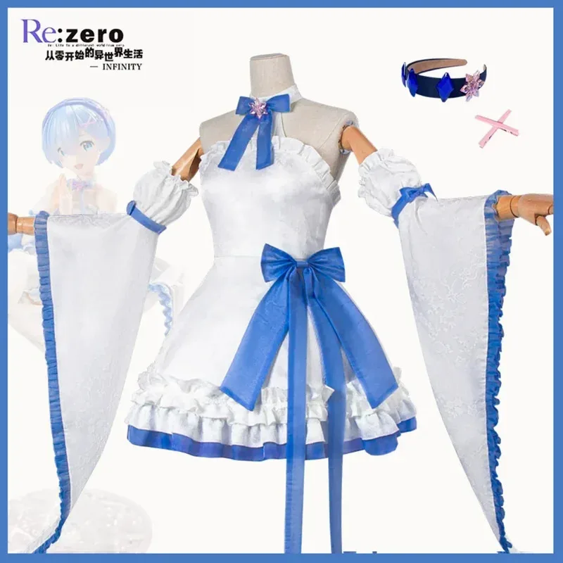 애니메이션 Re:제로부터 시작하는 이세계 생활 렘 코스프레 의상 화이트 스카이블루 메이드 드레스 2025 여성 귀여운 생일 파티 의상