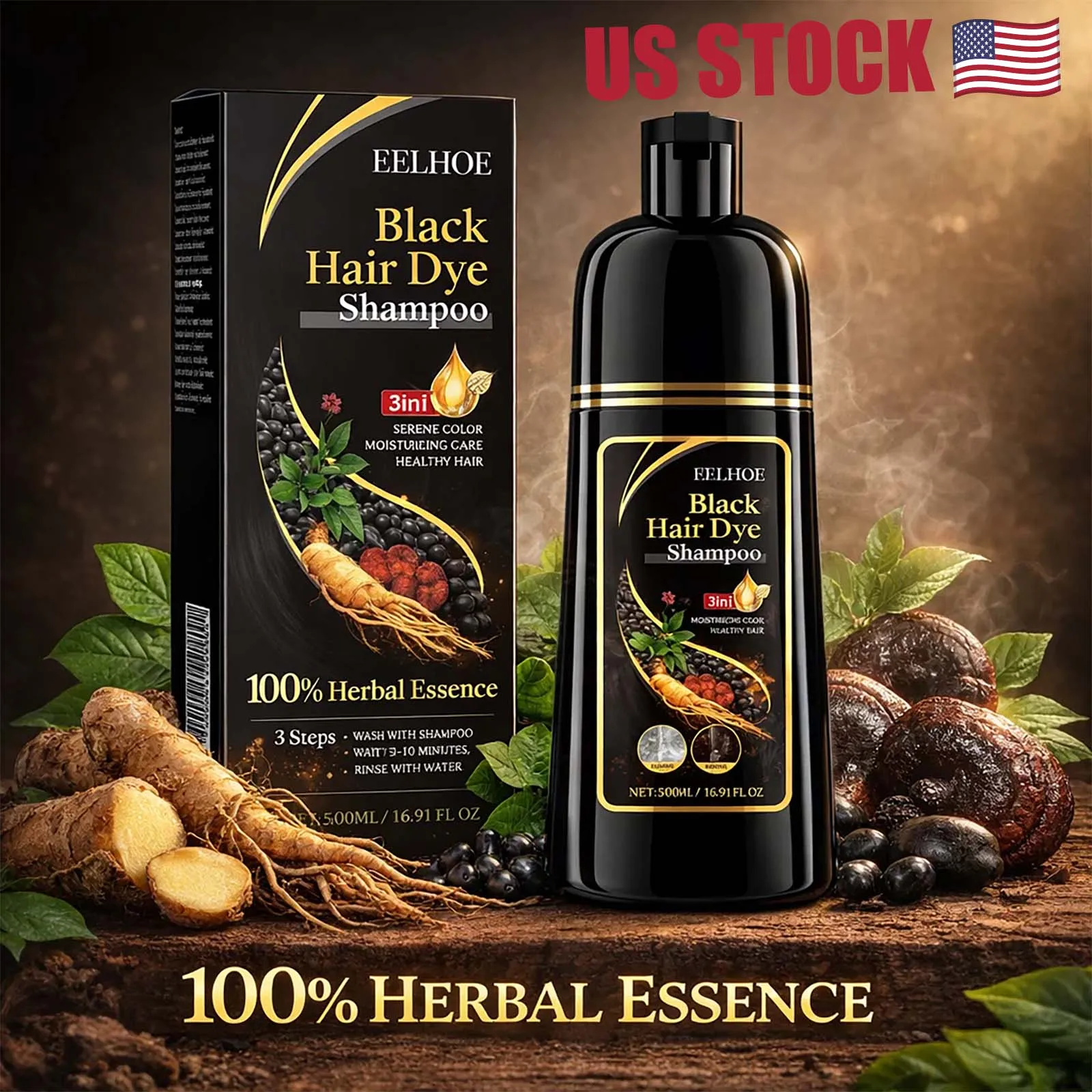 

Instant Black Hair Shampoo, 3-in-1 Color & Repair, Herbal Scalp Care, 500ml