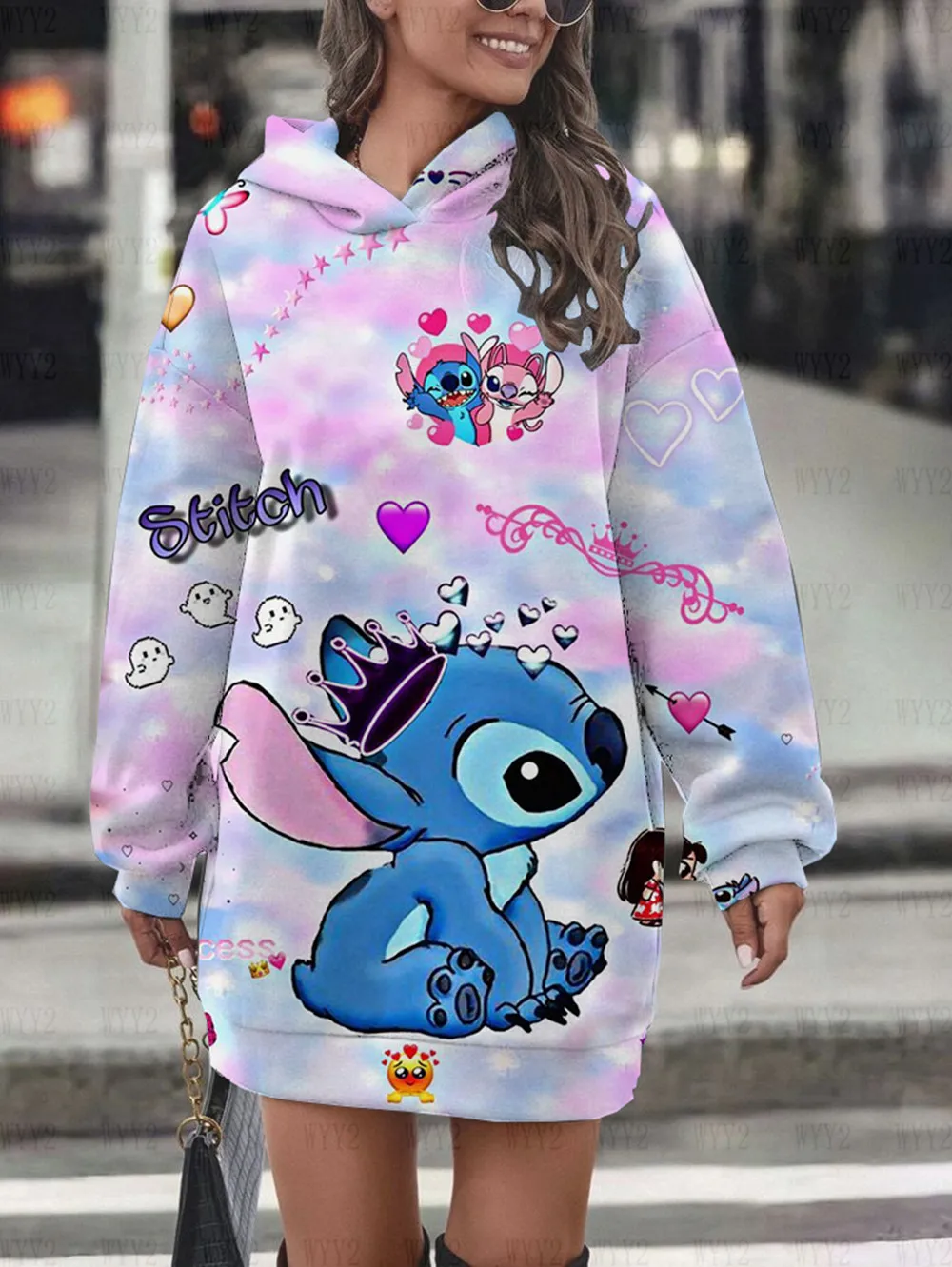 Autumn Winter Disney Stitch Printed Women\'s Loose Comfortable Hoodie Dress New Long Sleeve Casual Fashion Sweater Dress