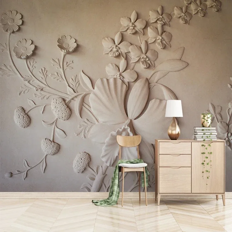 Custom Size Retro Cement Texture 3D Embossed Flowers Leaves Wallpaper for Bedroom Living Room TV Background Wall Photo Mural