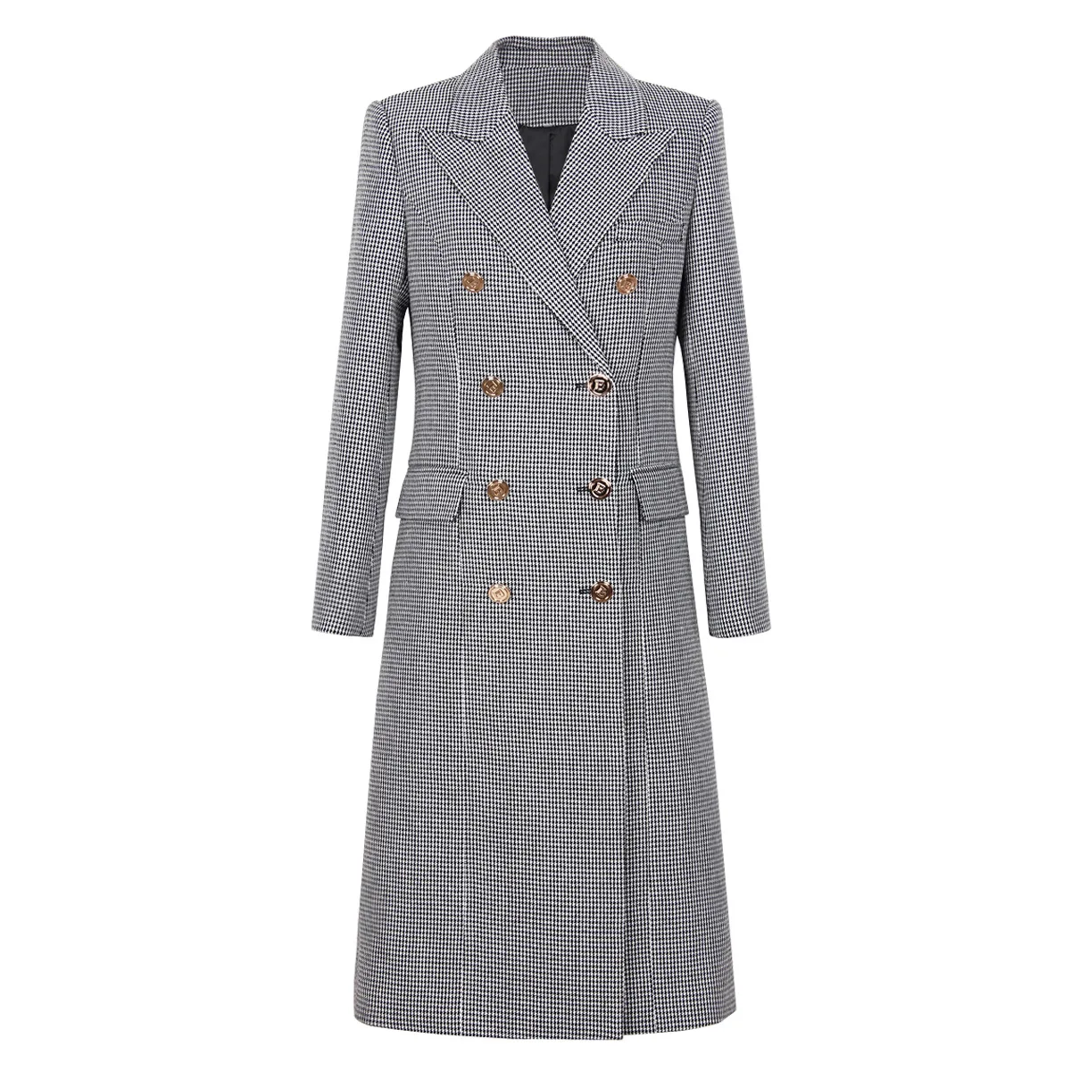 

women's outwear Houndstooth lapel long trench coat long sleeve double breasted slim straight blazer jacket