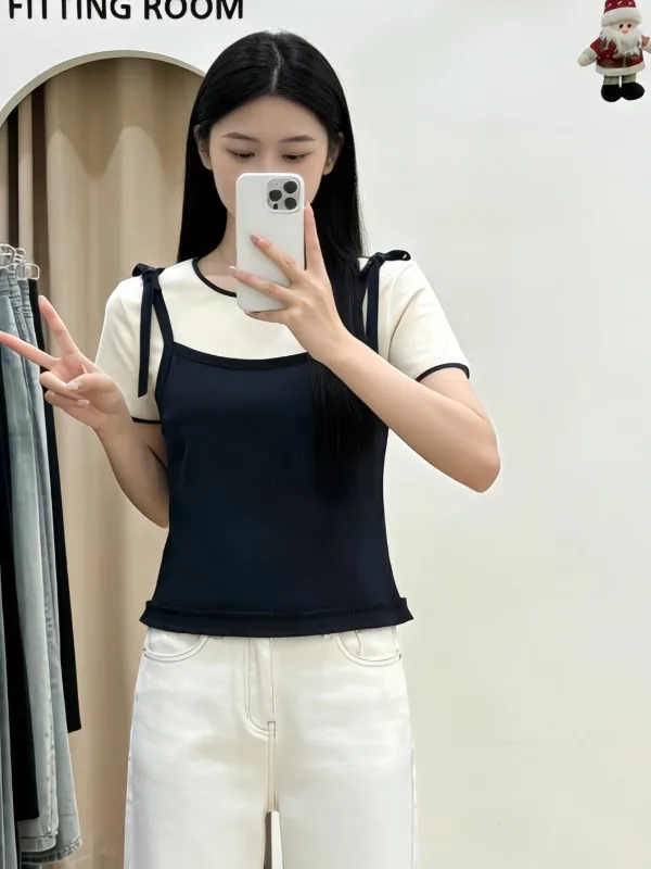 

Женская летняя футболка больших размеров (до 136 кг), повседневный стиль, с круглым вырезом, коротким рукавом, имитация двухслойности, стройнящий топ для студентов и вечеринок