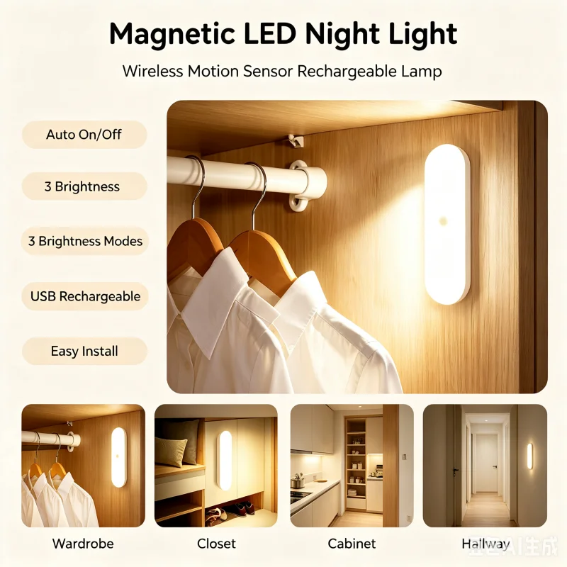 USB Rechargeable Wireless LED Motion Sensor Night Light Tube Lamp Magnetic Wall Light For Wardrobe Closet Kitchen Cabinet Room