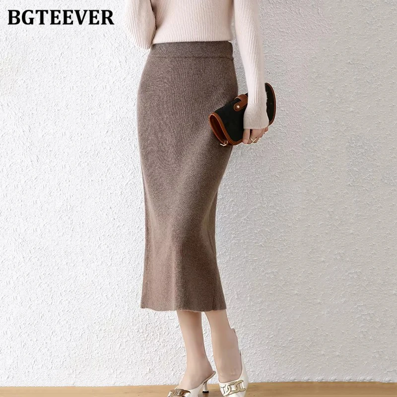 

BGTEEVER модные женские вязаные юбки-миди с высокой талией осень-зима утепленные тонкие женские однотонные свитера на бедрах юбки