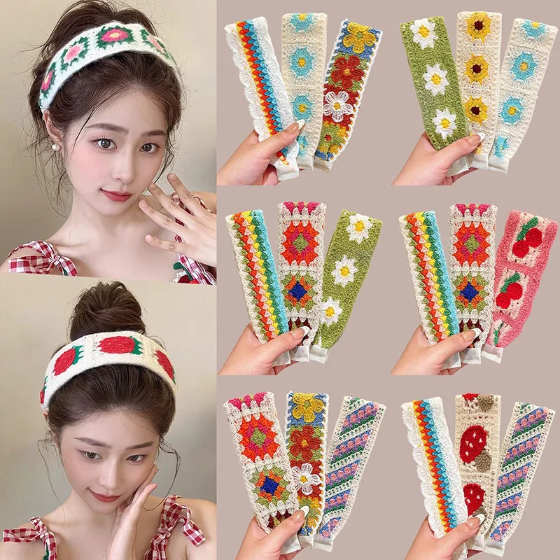 

Knitting Colorful Flower Print Velcro Headband For Women Girls Sweet Hair Ornament Headwear Hair Band Fashion Hair Accessories