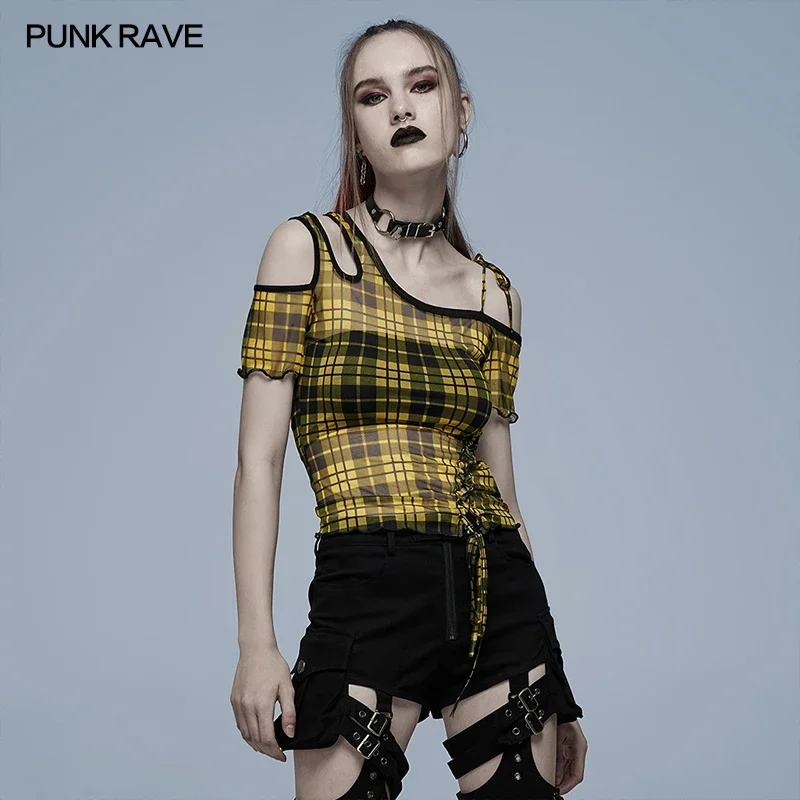 Imagem -03 - Camiseta Punk Rave Xadrez Perspectiva de Malha para Mulheres Decote Assimétrico Calos e Cordas Tops Casuais Decorados Diários Três Cores