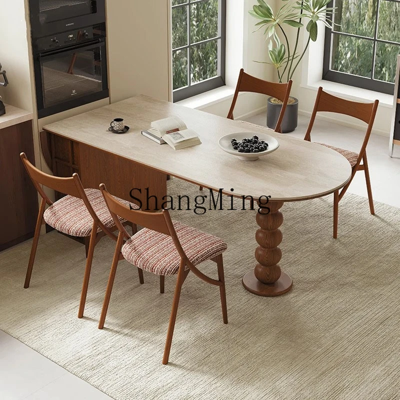 

SM medieval travertine rock slab dining table two ends foldable storage retro solid wood retractable dining table and chairs