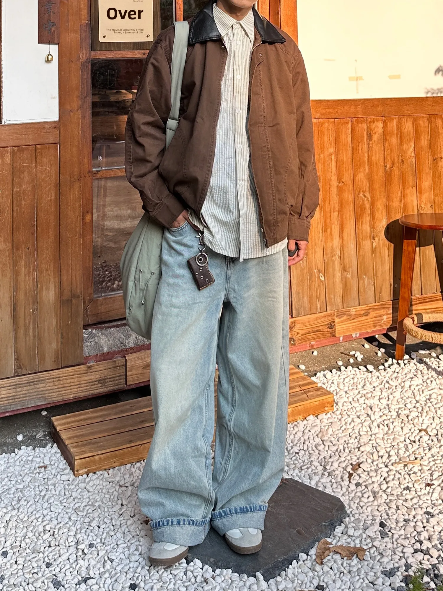 الرجعية الأمريكية Waed ياقة جلدية Jaet الرجال فضفاضة تناسب عادية ربيع الخريف ملابس خارجية الشباب Sle مستقيم هملين