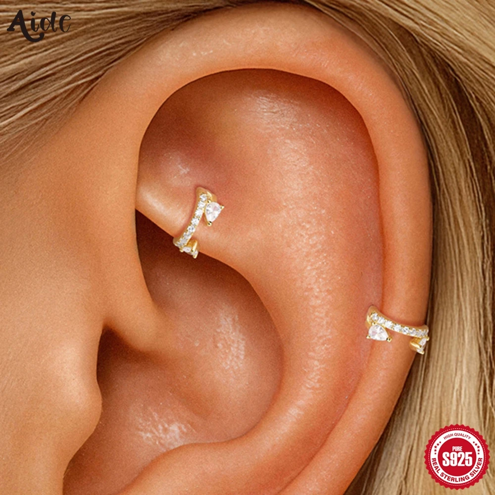 Aide S925 Sterling Silber Minimalistische Pavé-Herz CZ Ohrklemmen Ohne Piercing Knorpel-Ohrclips Trendiger Alltags- und Büroschmuck