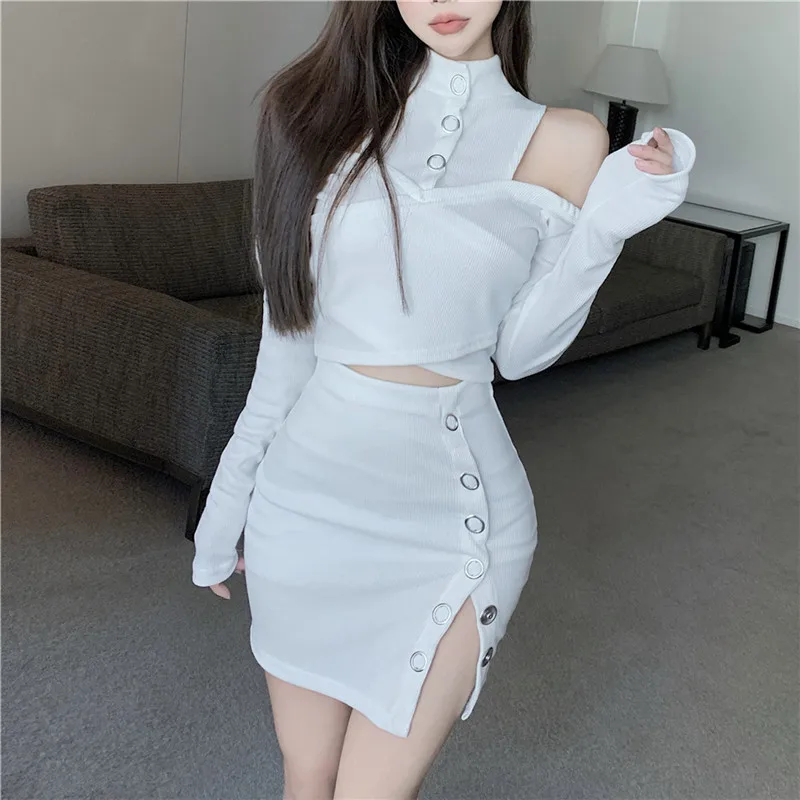 

New Spring Fashion 2 Piece Matching Sets Cold Shoulder Long Sleeve Shirt Top&Slim Pencil Mini Skirt Sexy 2pc Split Dress Suits