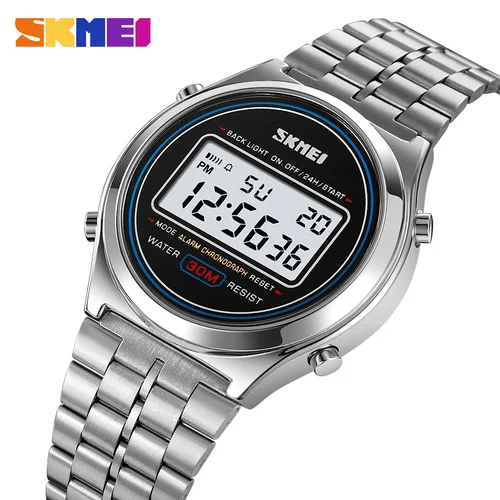 Reloj de pulsera SKMEI 2146 de acero inoxidable resistente al agua con alarma y fecha para hombre, cronómetro con pantalla de luz trasera, relojes deportivos digitales