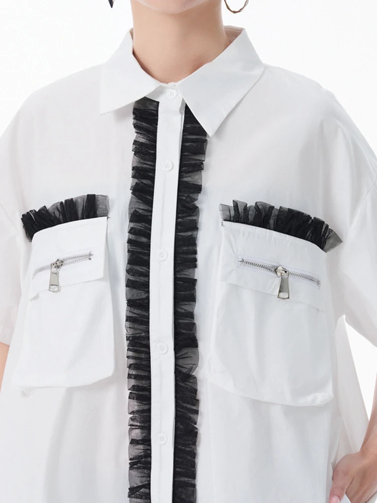 Yermora feminino branco emendado malha babados botão vestido casual lapela manga curta solta fashoin maré primavera verão 2025 novo