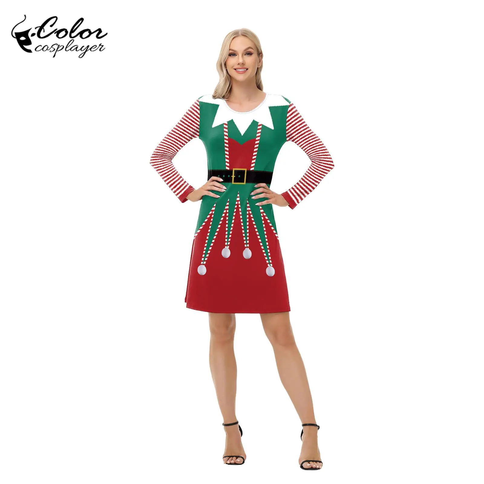 Color Cosplayer Christmas Dress Long Sleeved Stripes 3D Printed Dresses Ladies Xmas Party Dress Up Carnival Cosplay Costumes