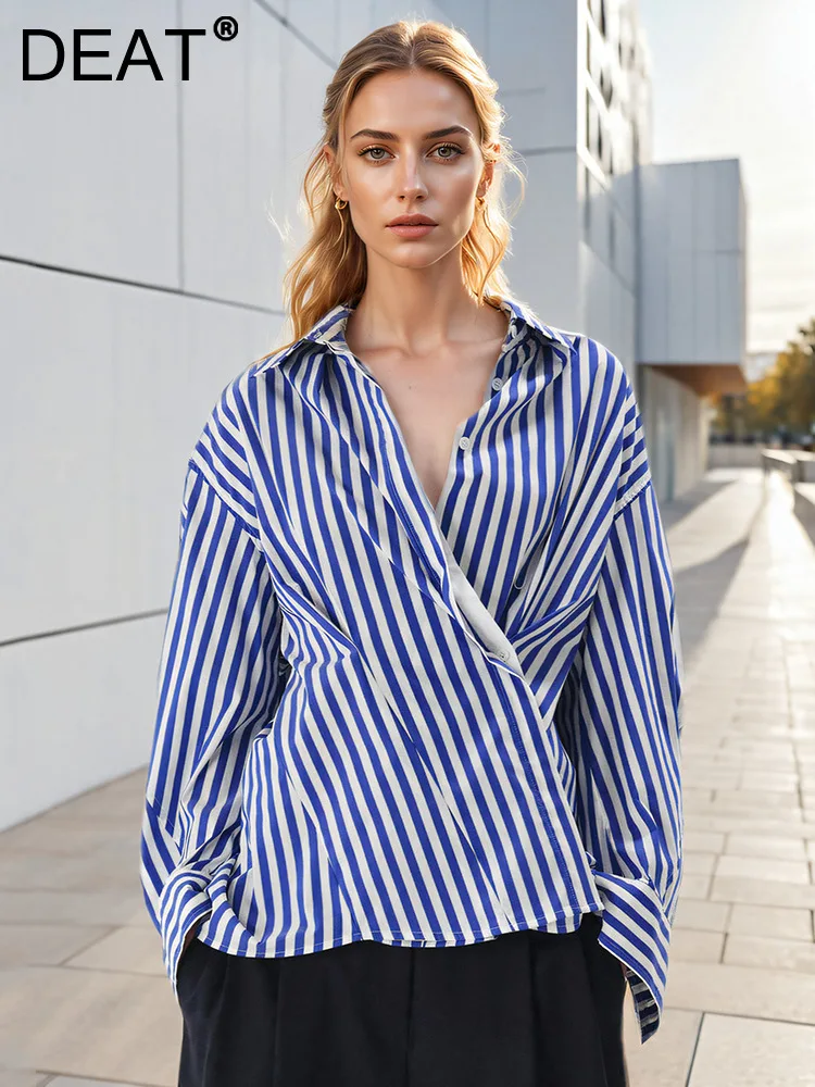 DEAT Fashion Women\'s Stripe Shirt Waist Retraction Single Breasted Contrast Color Casual Blouse Autumn 2024 New Tide CPDB221