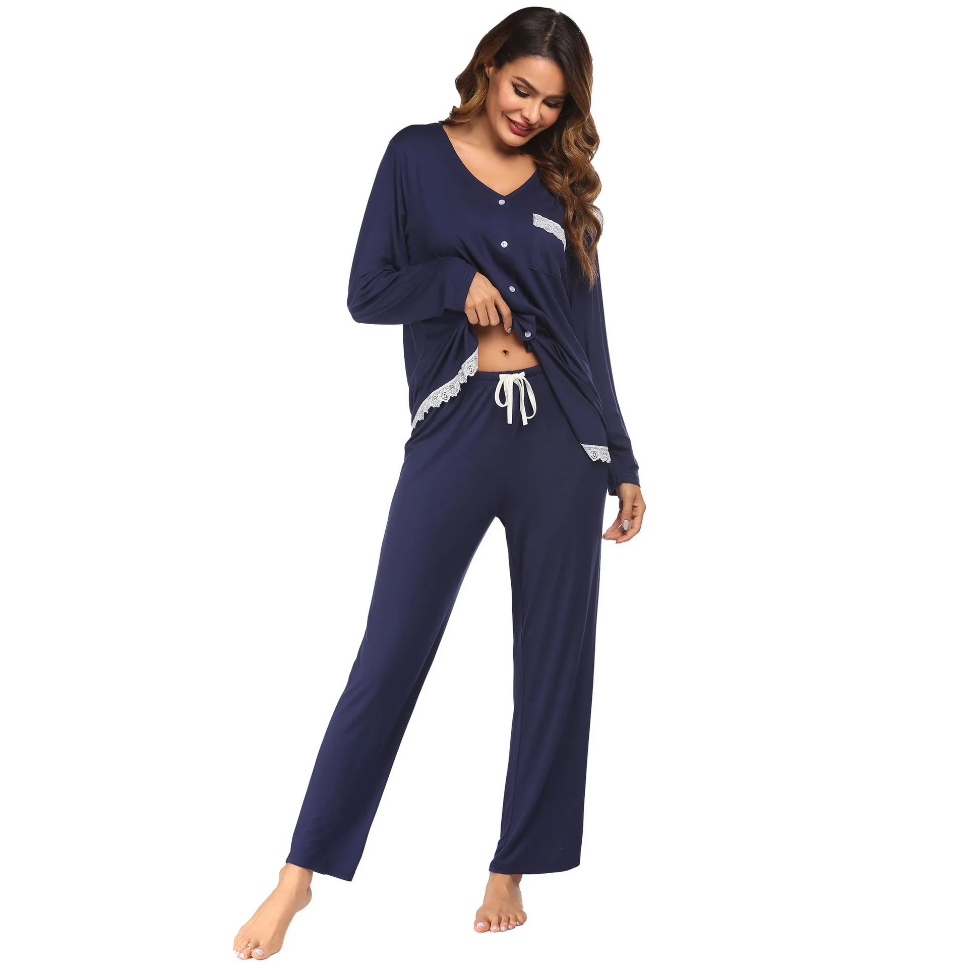 Women\'s Long Sleeved Long Pants Home Sleepwear Lace Patchwork Home Wear Sleepwear Set