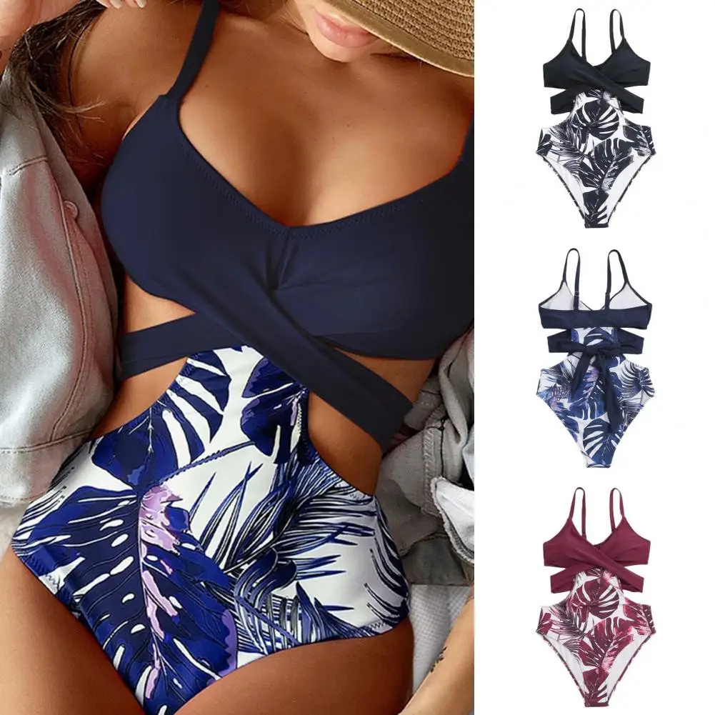 Women Monokini Swimsuit Slim Fit Swimsuit Stylish Leaf Print V-neck Monokini for Women Backless One-piece Swimsuit with Slim Fit