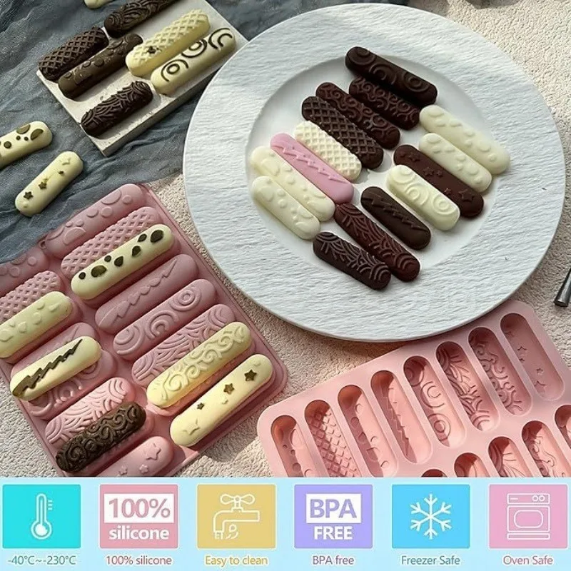 DIY 16 Cavity Long Strip Stick Silicone Mold 8 Kinds Different Textures Baking Tool Cake Energy Bar Chocolate Protein Bar Crafts