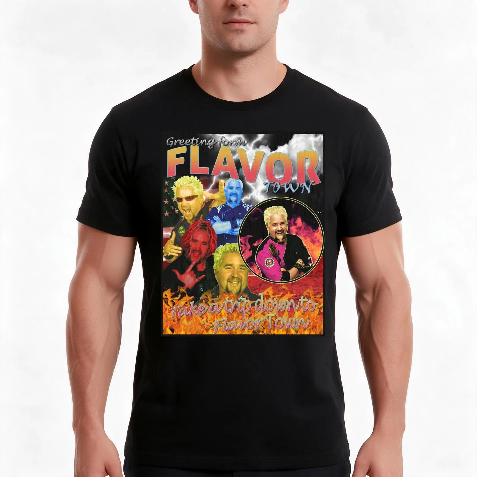 Guy Fieri Flavor Town Vintage T-Shirt Summer Casual Cotton Tee Oversized Streetwear Tops Vintage Graphic Print 100% Cotton