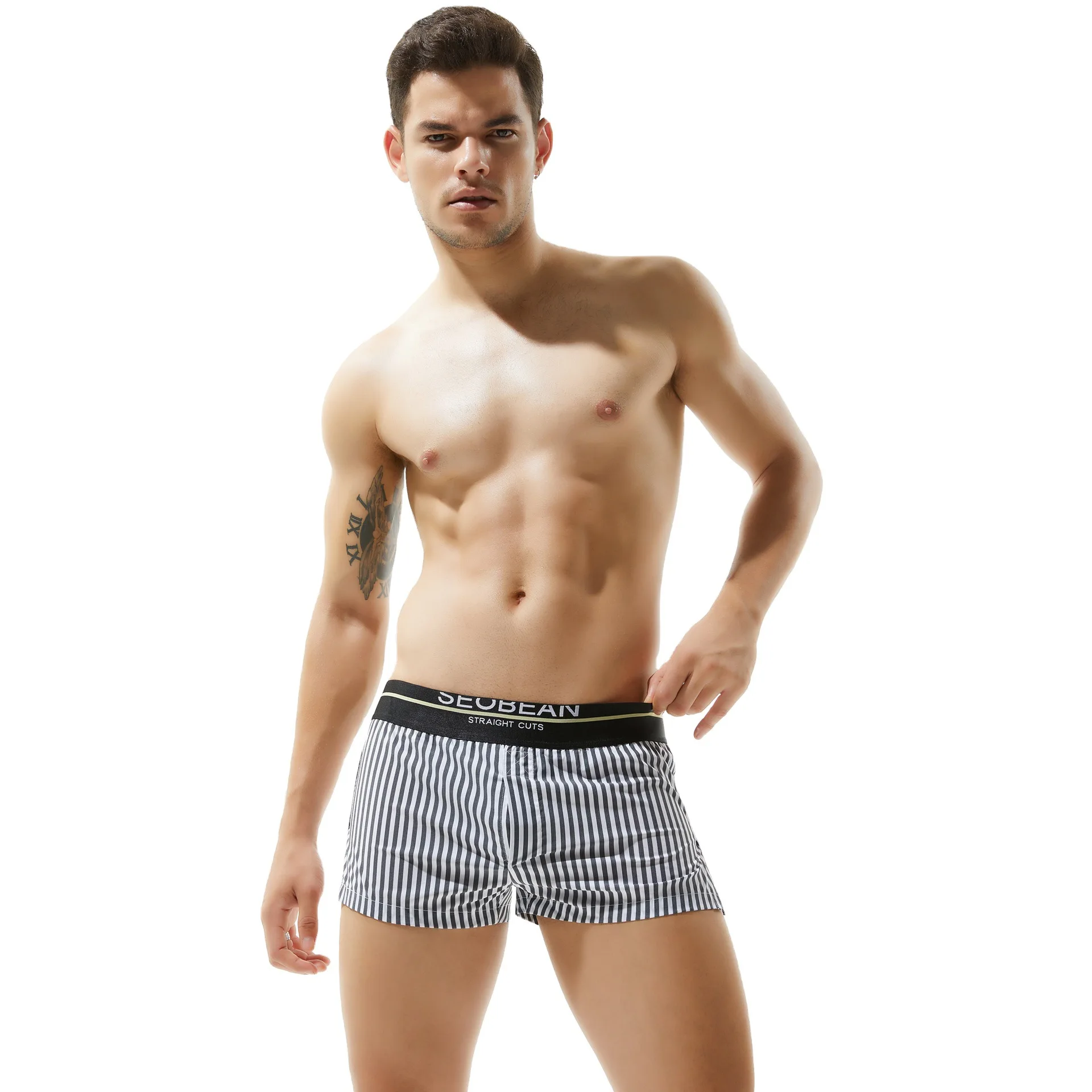 Men\'s Striped Home Shorts Comfortable Woven Youth Low Waist Sexy Boxers Mens Underwear