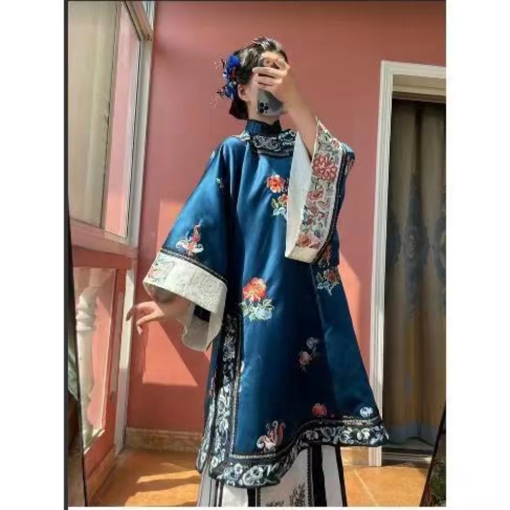 Oriental Woman Chinese Hanfu Clothing Late Qing Dynasty Cloaks Blue Red Traditional Chinese Top Halloween Costumes for Women