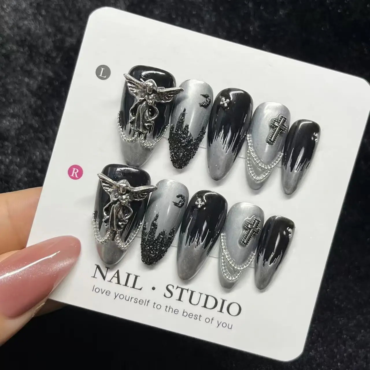 

10PCS Handmade Gothic Press on Nails Edgy Dark Design Custom Length False Nails Acrylic Art Intricate Pattern for Women Girls