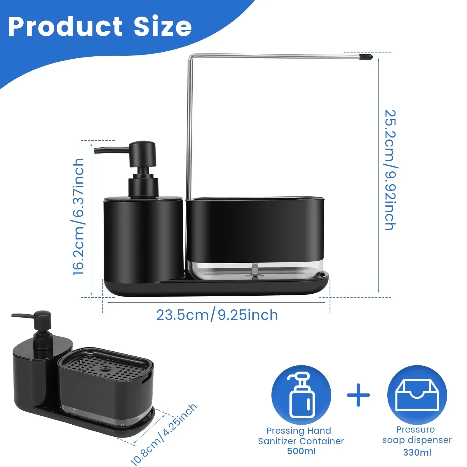 Press Dish Soap Dispenser Set Container with Sponge Holder Countertop Towel Rack Soap Pump Dispenser for Kitchen Sink Drain Tray