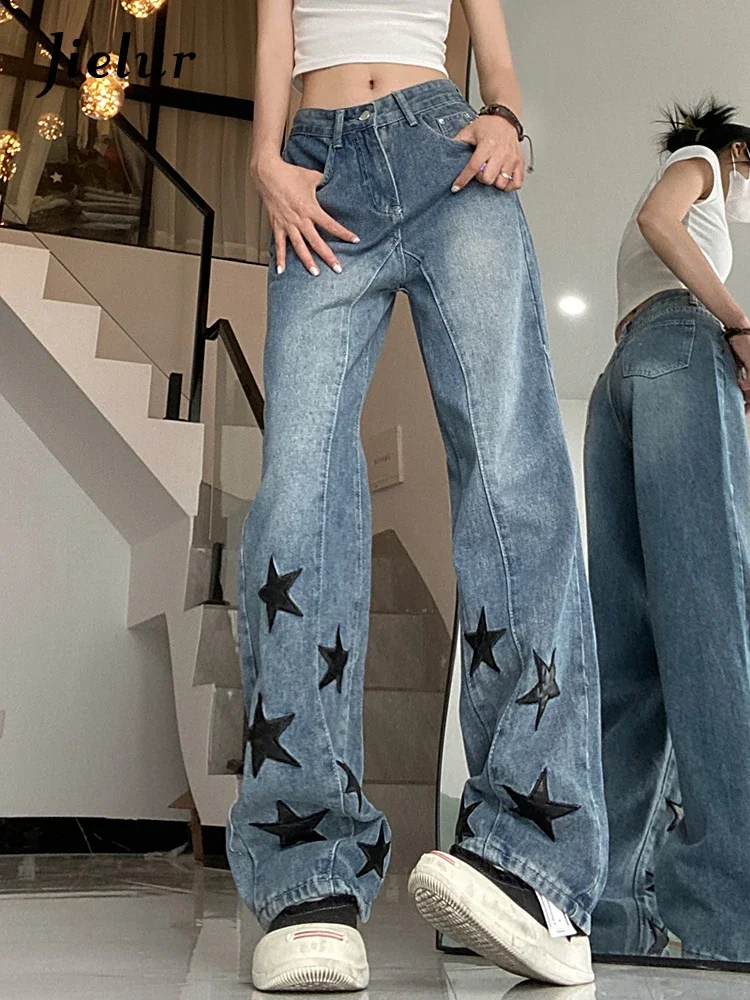 Jielur Stars Bedrukte Amerikaanse Stijl Vrouwelijke Jeans Zomer Nieuwe Straight Fashion Ins Dames Wijde Pijpen Broek Chique Streetwear Jeans