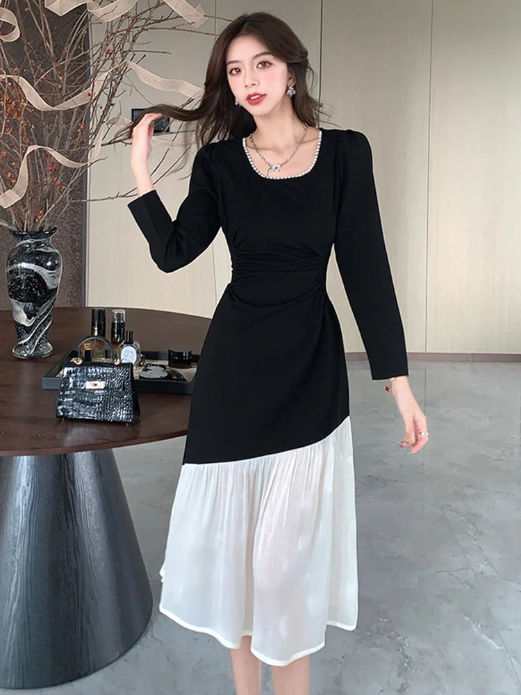 Ropa de mujer, vestido acampanado por debajo de la rodilla ajustado con cuello cuadrado y costuras en blanco y negro, Vestidos elegantes de fiesta a la moda para mujer, novedad de primavera informal