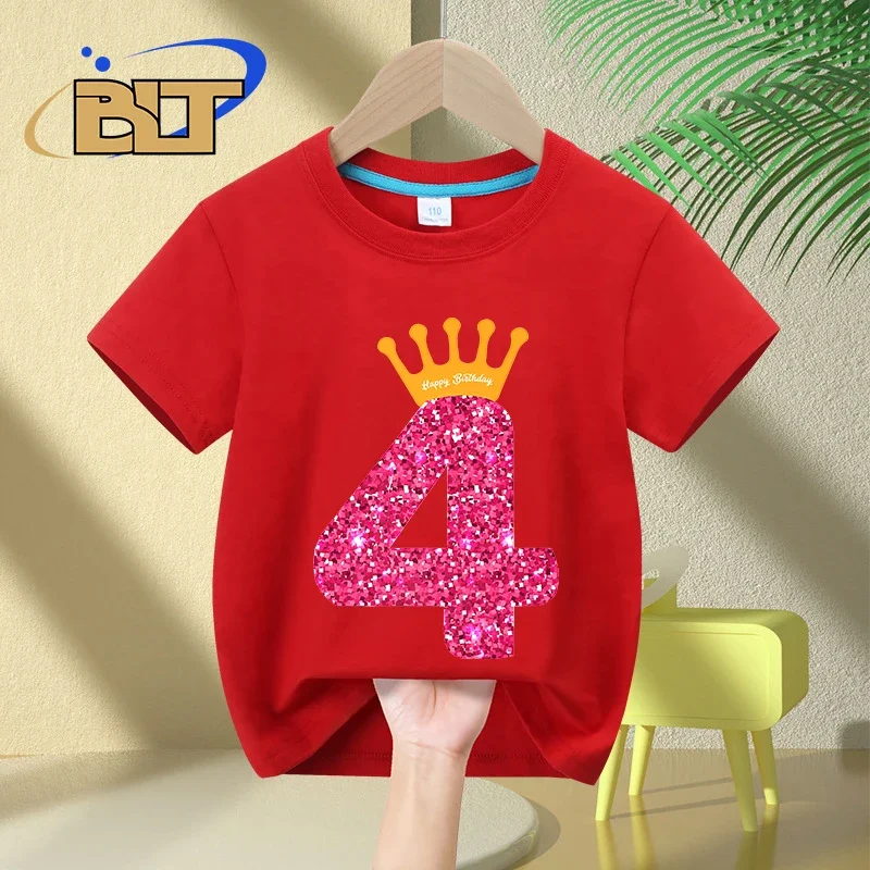 Happy Birthday Girls 4th Birthday Party Kids T-shirt Summer Children's Cotton Short Sleeve Casual Tops