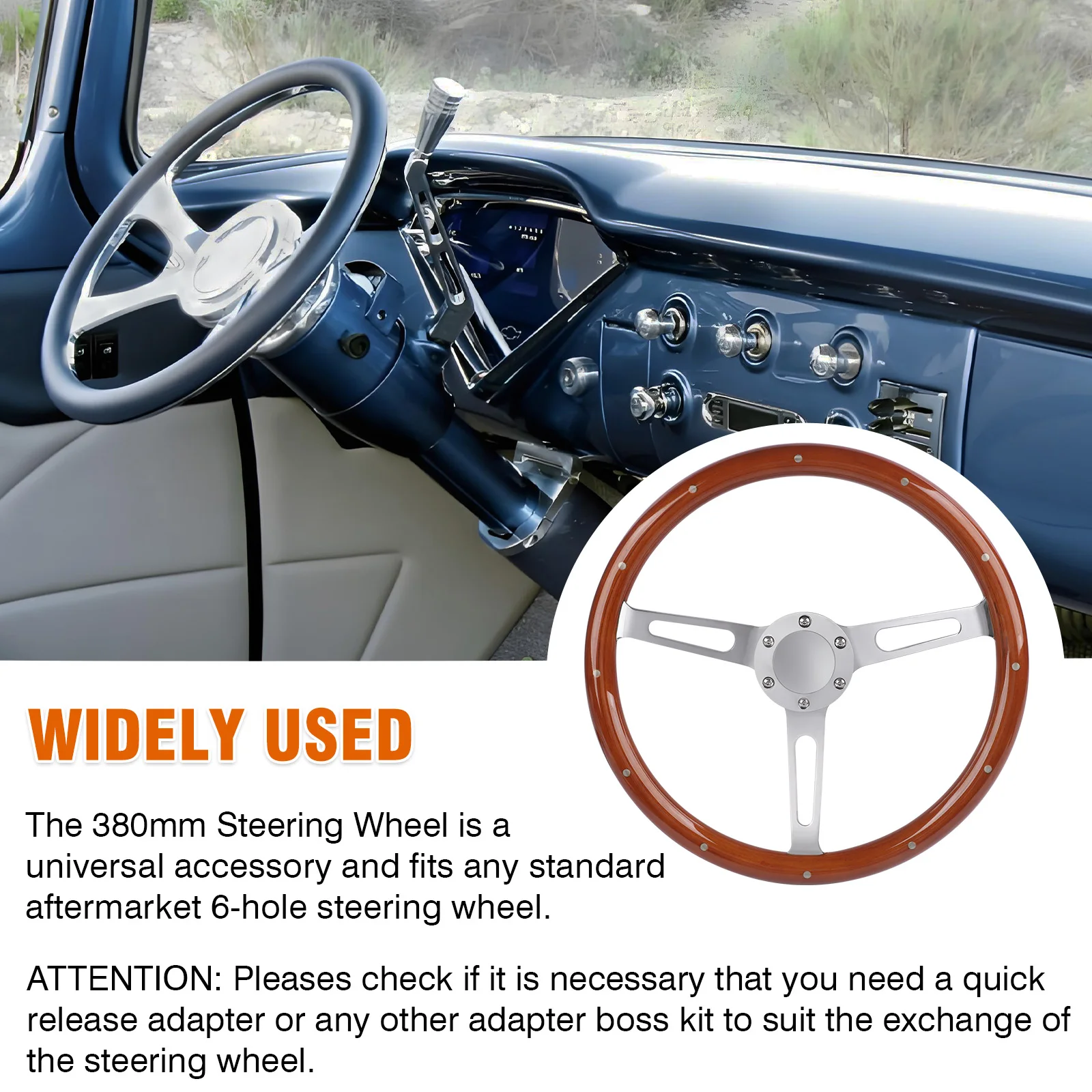 

380mm 15 Inch Universal Classic Walnut Wood Steering Wheel with Horn Button Kit for Racing Sport Car Luxury Auto