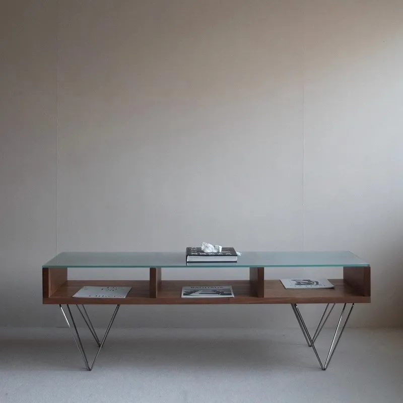 

Living room household table coffee table frosted glass solid wood stainless steel table