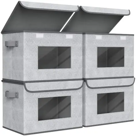 

Набор из 4 складных контейнеров для хранения Univivi с крышками – серые, 17x12x12 дюймов – штабелируемые органайзеры для шкафа