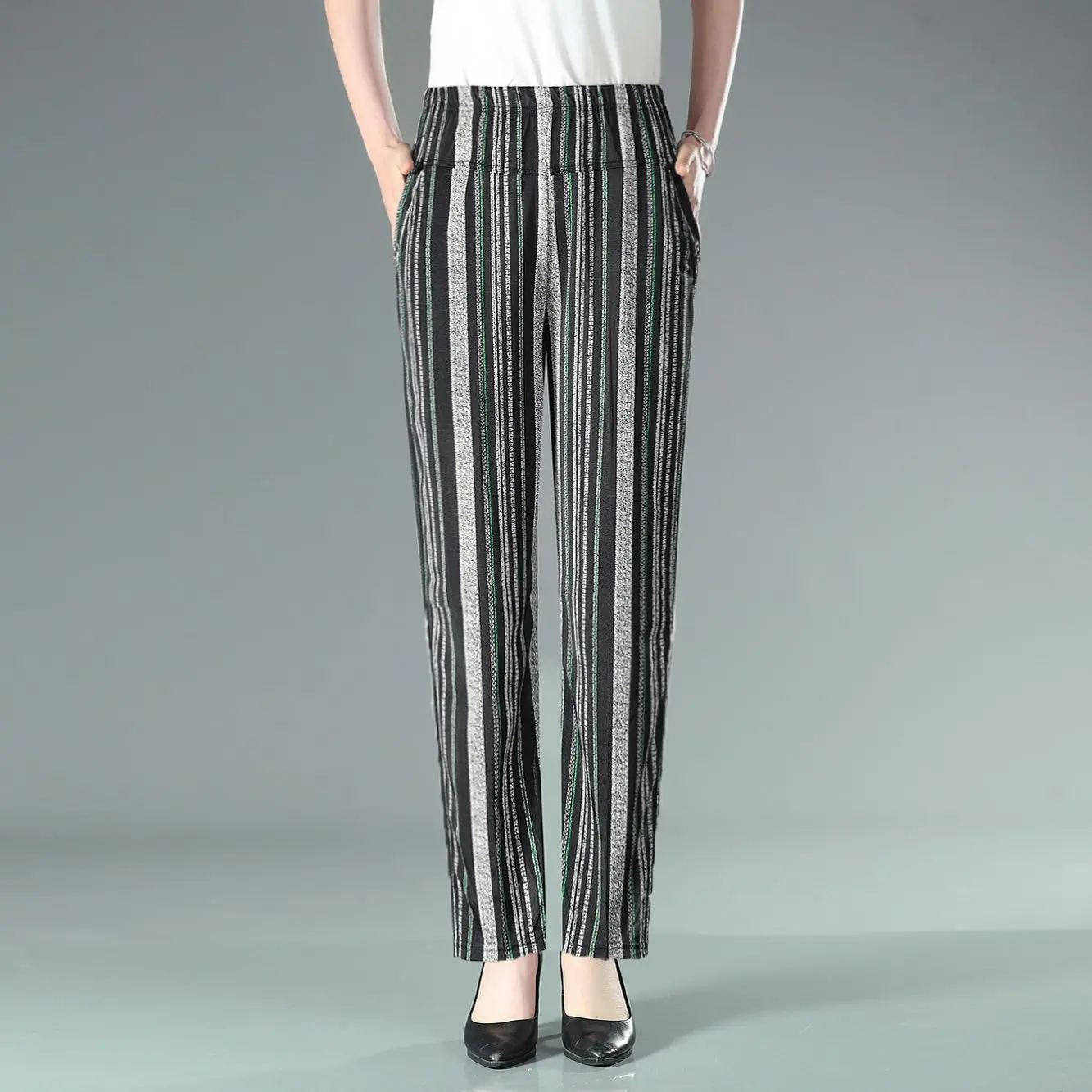 

2026 Spring Summer New Middle-Aged Elderly Trousers Women's Fashion Casual Pants Feminine High Waist Elastic Flower Pants Lady