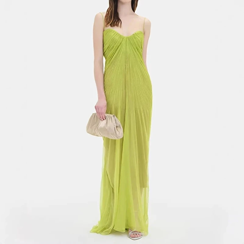 

Summer New Solid Color Slim Evening Dress Sexy Sleeveless Halter Chiffon Maxi Dress Elegant Backless Pleated Women's Party Dress