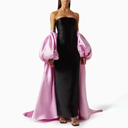 Black Column Evening Dress With Pink Puff Sleeves Cape Women's Evening Gowns Maxi Sheath Color Contrast Luxury Formal Party Gown