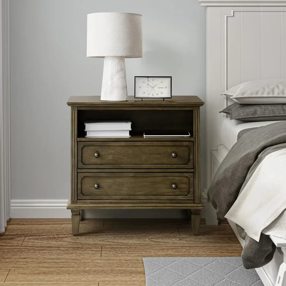 Nightstand with Charging Station, Farmhouse End Table with USB Ports and Outlets, Fluted Pilasters Design Side Table