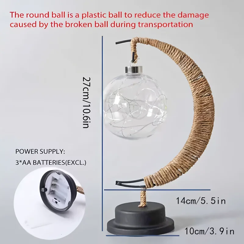 달 모양 테이블 램프, 수제 삼베 로프 & 구리선, 무선 휴대용 침실 조명, 현대적이고 편안한 인테리어 장식